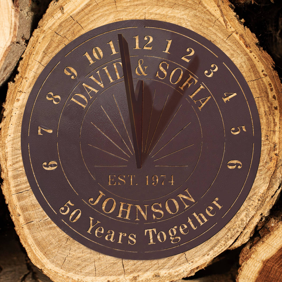 Custom metal sundial with names, year, and laurel design — unique anniversary gift idea. Main image