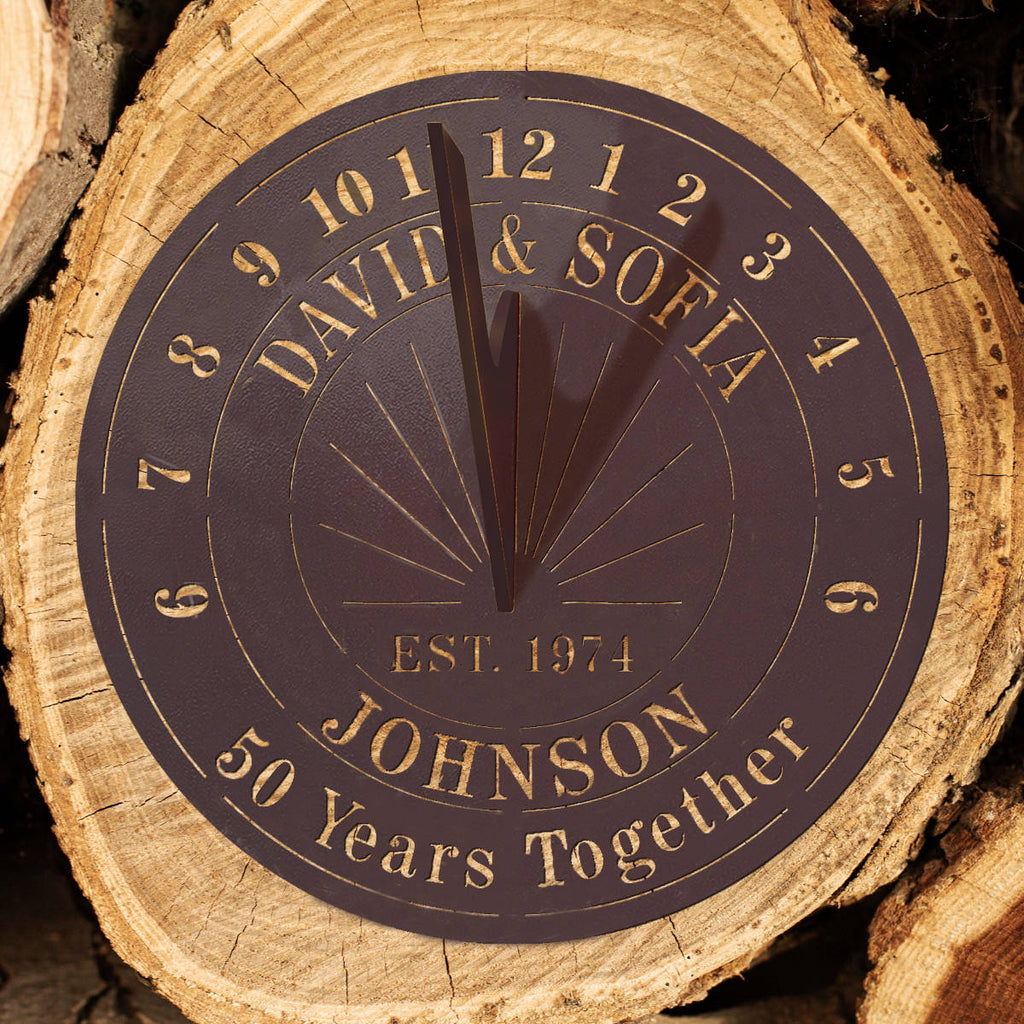 Custom metal sundial with names, year, and laurel design — unique anniversary gift idea.