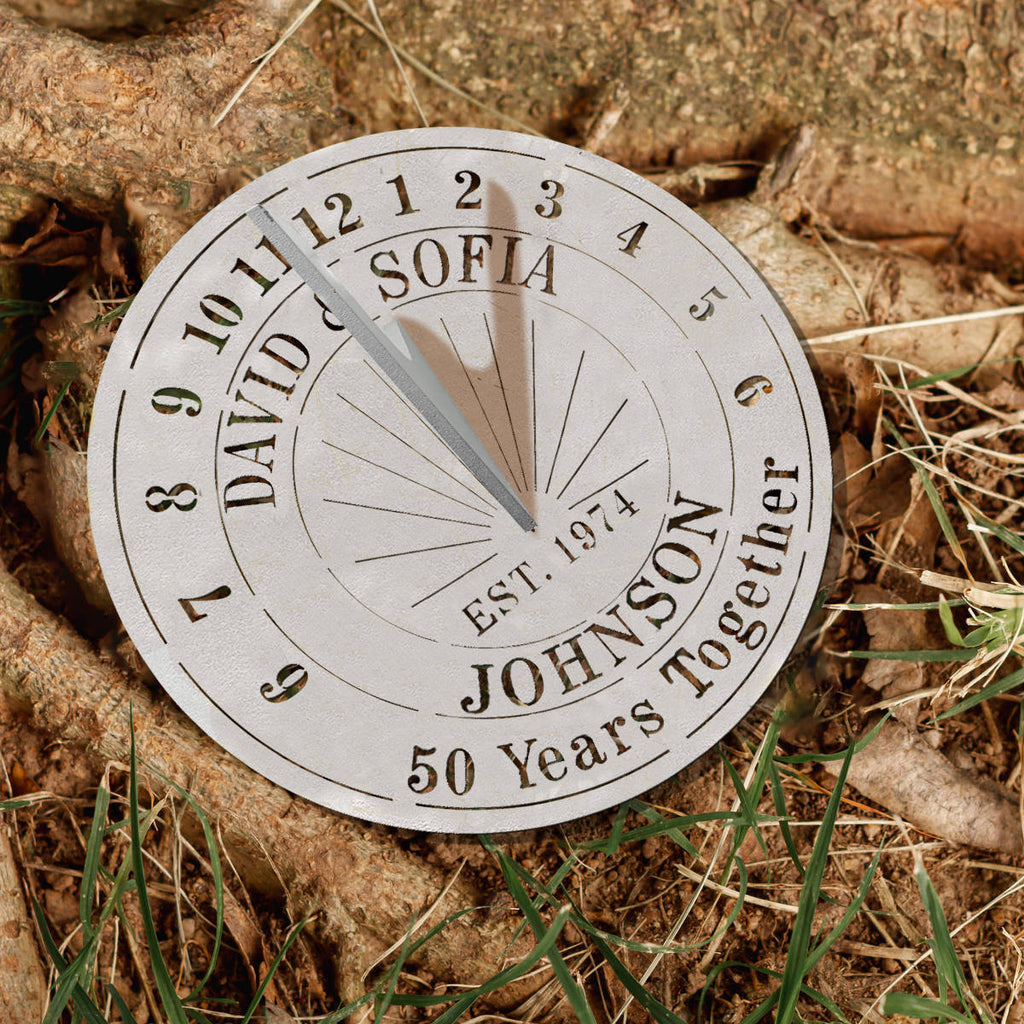 Custom metal sundial with names, year, and laurel design — unique anniversary gift idea.