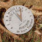 Custom metal sundial with names, year, and laurel design — unique anniversary gift idea.