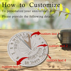 Custom metal sundial with names, year, and laurel design — unique anniversary gift idea.