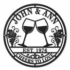 Personalized metal wine sign with custom family name, wine glasses, established year and custom bottom text, powder coated steel wall decor.