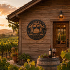 Personalized vineyard metal sign mounted on a rustic cabin surrounded by grape vines, custom wine wall decor for vineyard, winery and wine lovers.