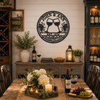 Custom metal wine sign displayed in a farmhouse dining room, personalized wall decor for home bar, dining room and wine enthusiast gifts.