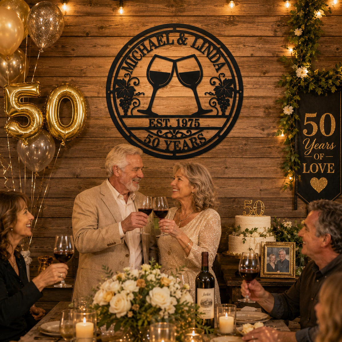 Personalized 50th anniversary metal sign with custom names, established year and anniversary message for golden wedding anniversary celebration.