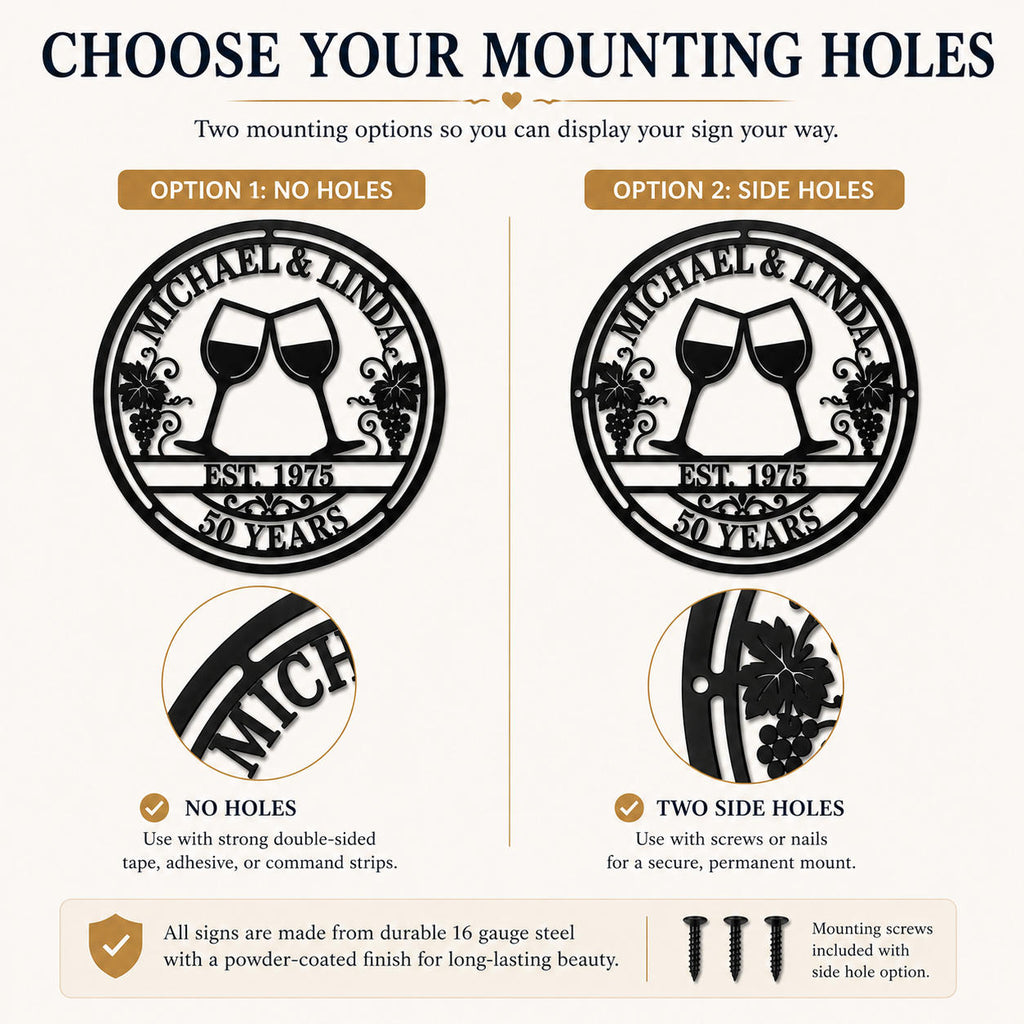 Mounting options for personalized metal sign showing no holes and two side holes for different installation methods.
