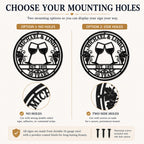Mounting options for personalized metal sign showing no holes and two side holes for different installation methods.