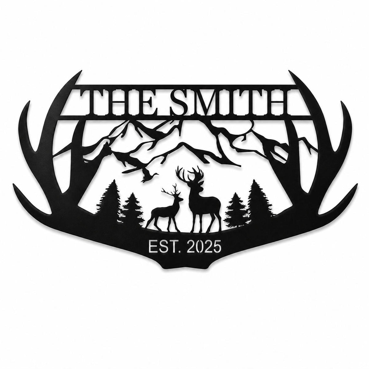 Custom black antler family name metal sign with mountains, pine trees, deer and established year.