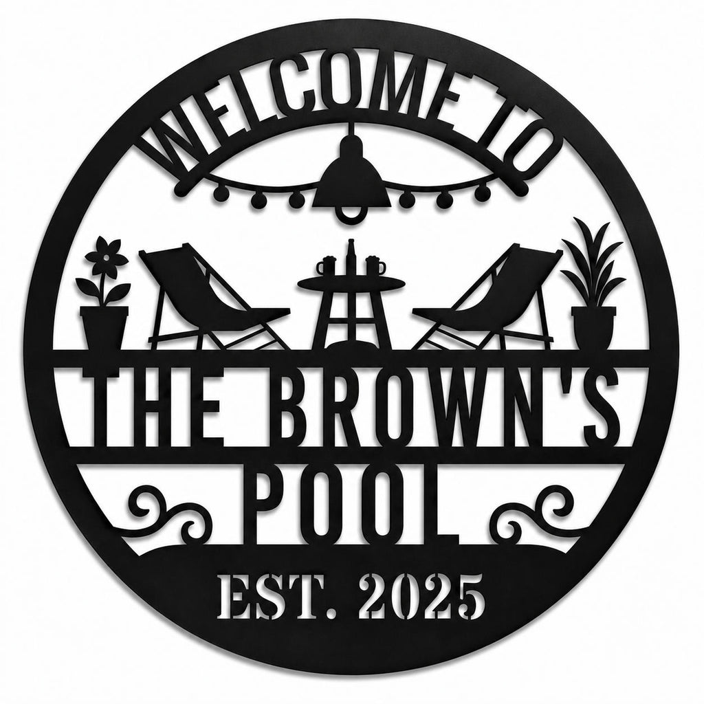 Personalized welcome to the family pool metal sign with custom name and year on a white background