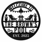 Personalized welcome to the family pool metal sign with custom name and year on a white background