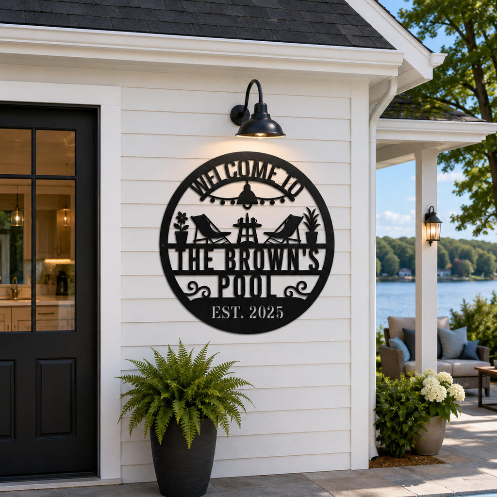 Personalized pool house metal wall sign displayed above the entrance of a backyard pool house