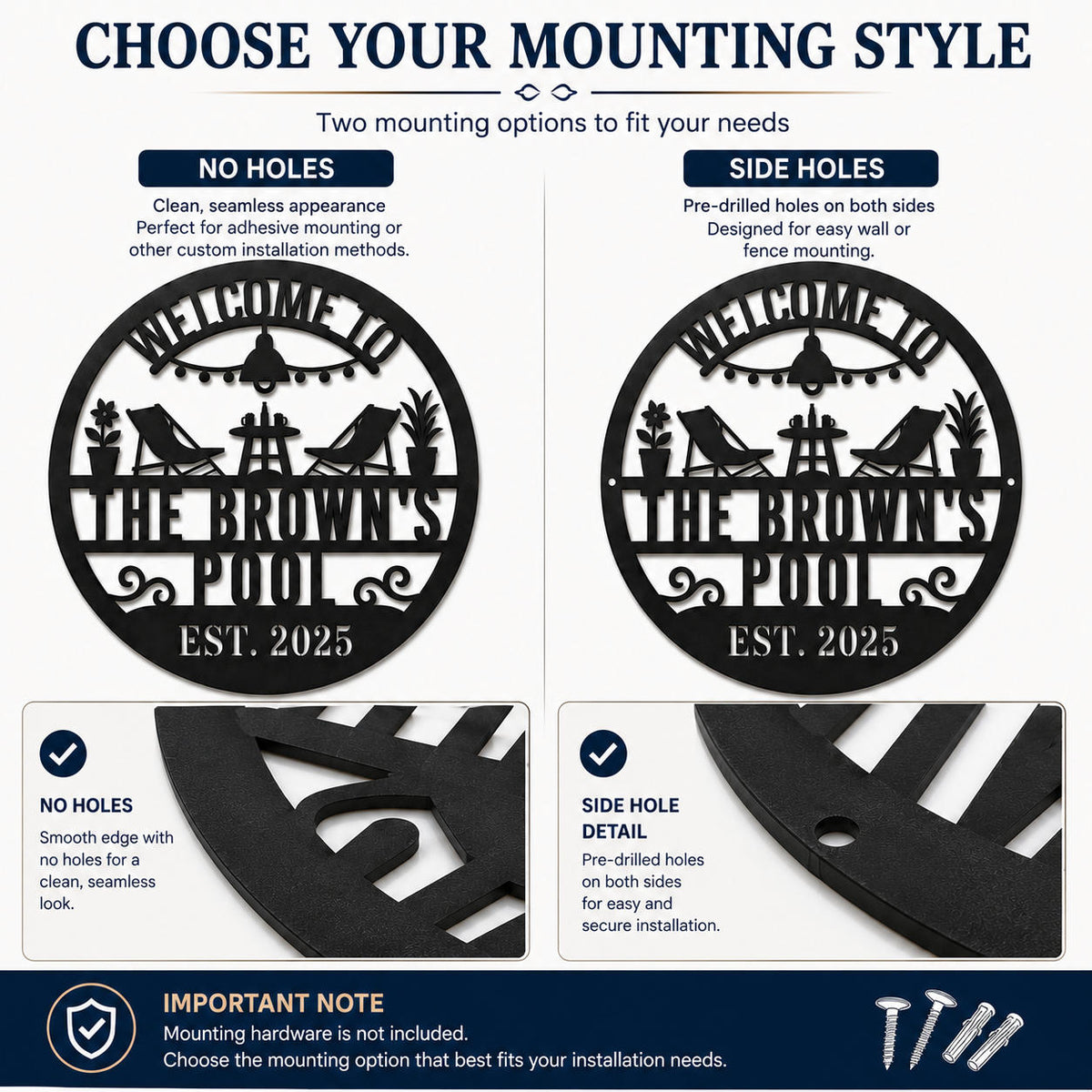 Comparison chart showing different hole placement options for personalized metal signs