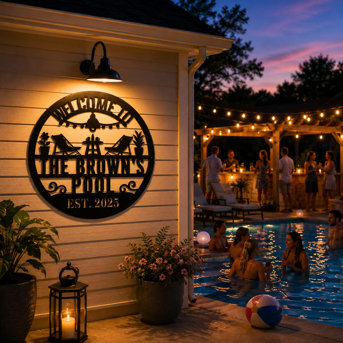 Custom pool welcome sign decorating an outdoor pool area during an evening family gathering