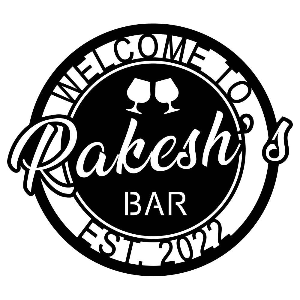 Personalized metal bar sign with name , welcome design with wine glasses, custom home bar décor Main image