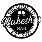 Personalized metal bar sign with name , welcome design with wine glasses, custom home bar décor