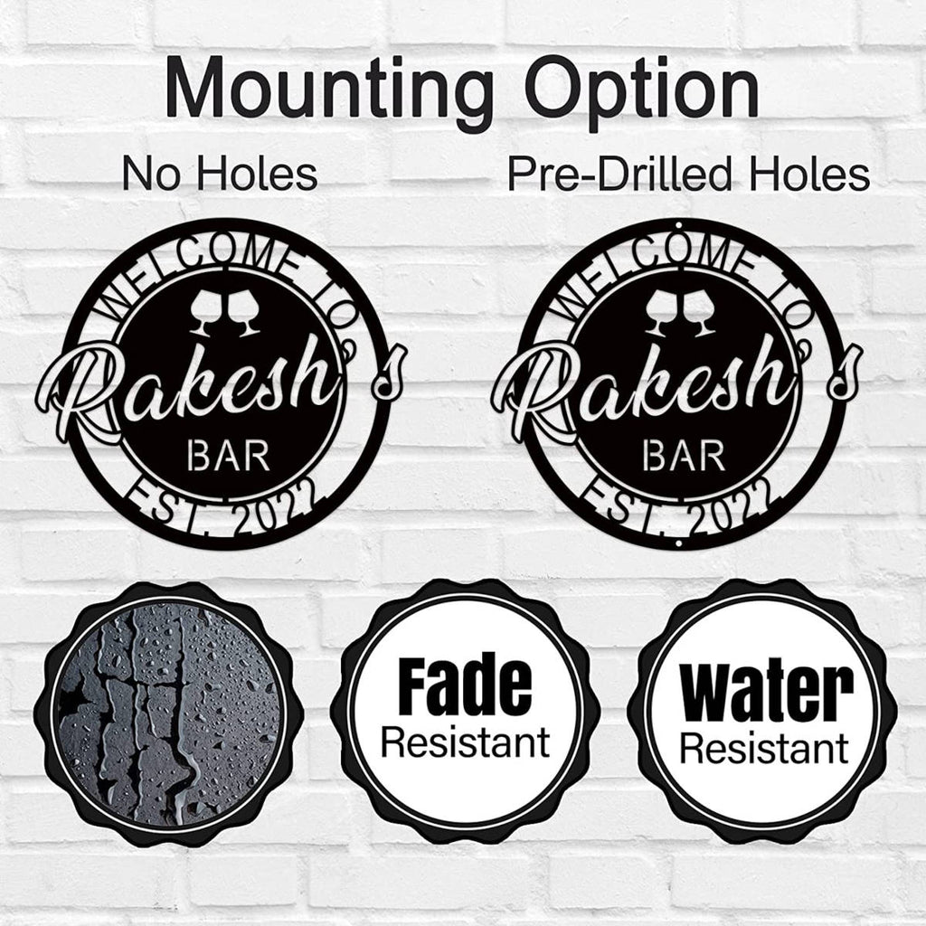Personalized metal bar sign with name , welcome design with wine glasses, custom home bar décor