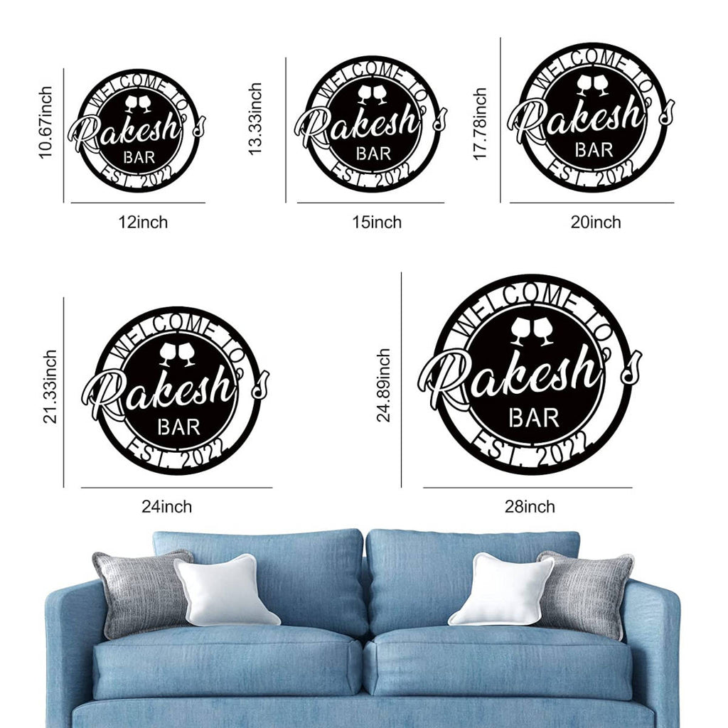Personalized metal bar sign with name , welcome design with wine glasses, custom home bar décor