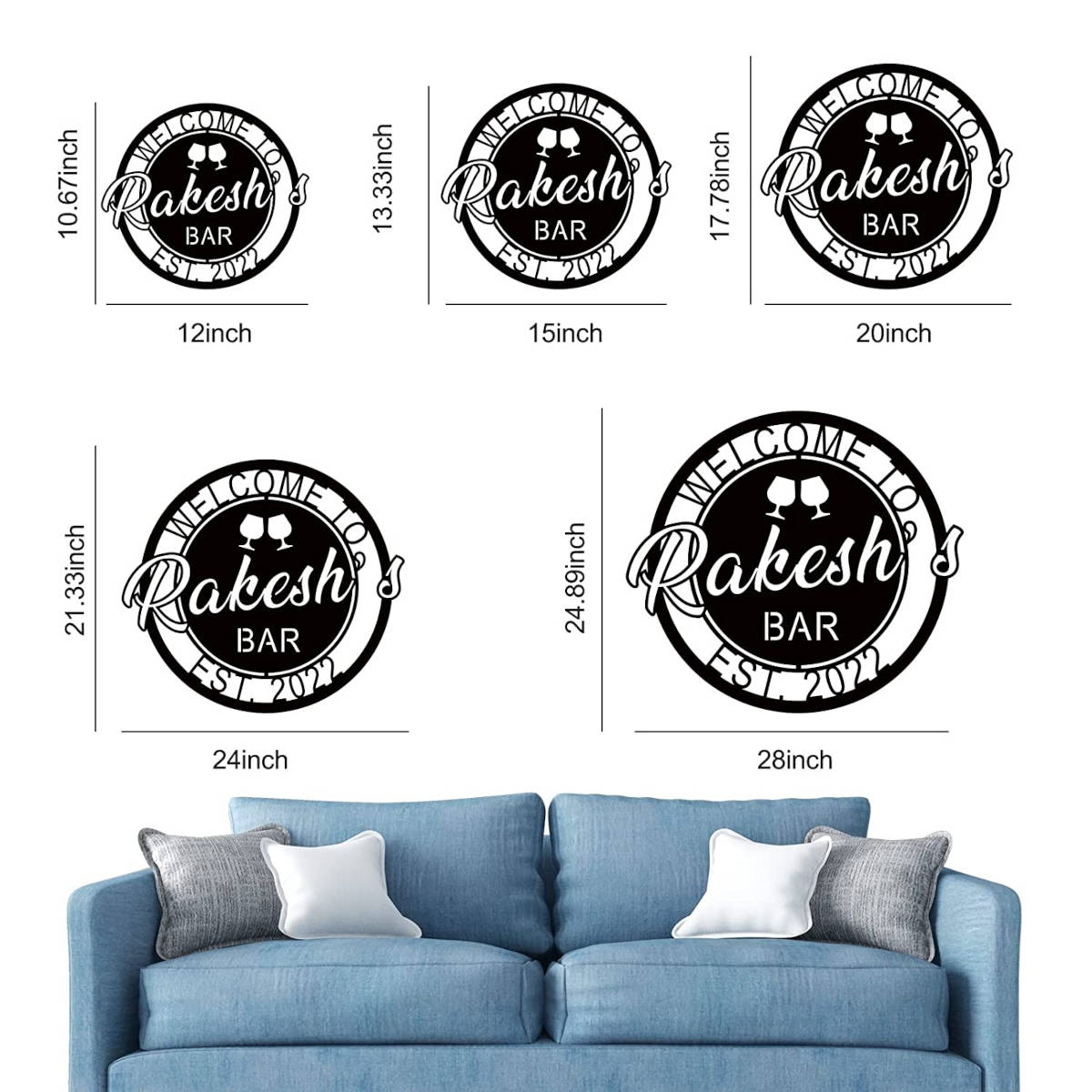 Personalized metal bar sign with name , welcome design with wine glasses, custom home bar décor