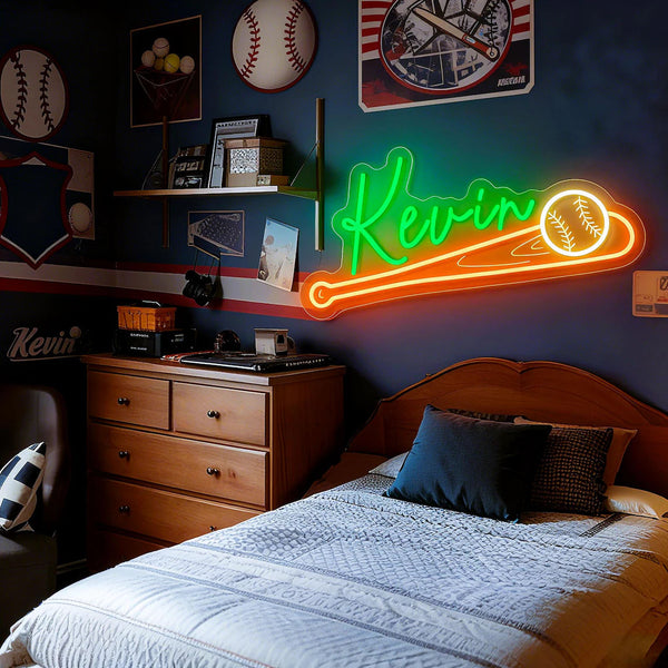 Custom baseball neon sign with personalized name, glowing LED bat and ball design for sports room wall decor