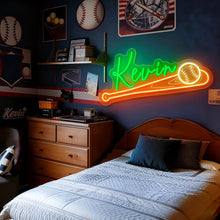 Custom baseball neon sign with personalized name, glowing LED bat and ball design for sports room wall decor
