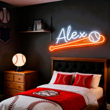 Custom baseball neon sign with personalized name, glowing LED bat and ball design for sports room wall decor