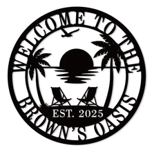 custom beach house metal sign with palm trees sunset chairs and personalized family name