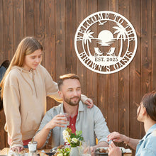 custom beach house metal sign with palm trees sunset chairs and personalized family name