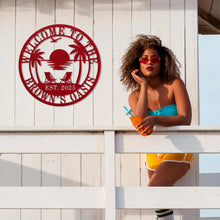 custom beach house metal sign with palm trees sunset chairs and personalized family name