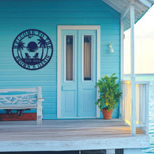 custom beach house metal sign with palm trees sunset chairs and personalized family name