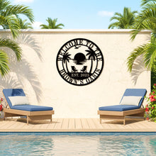 custom beach house metal sign with palm trees sunset chairs and personalized family name