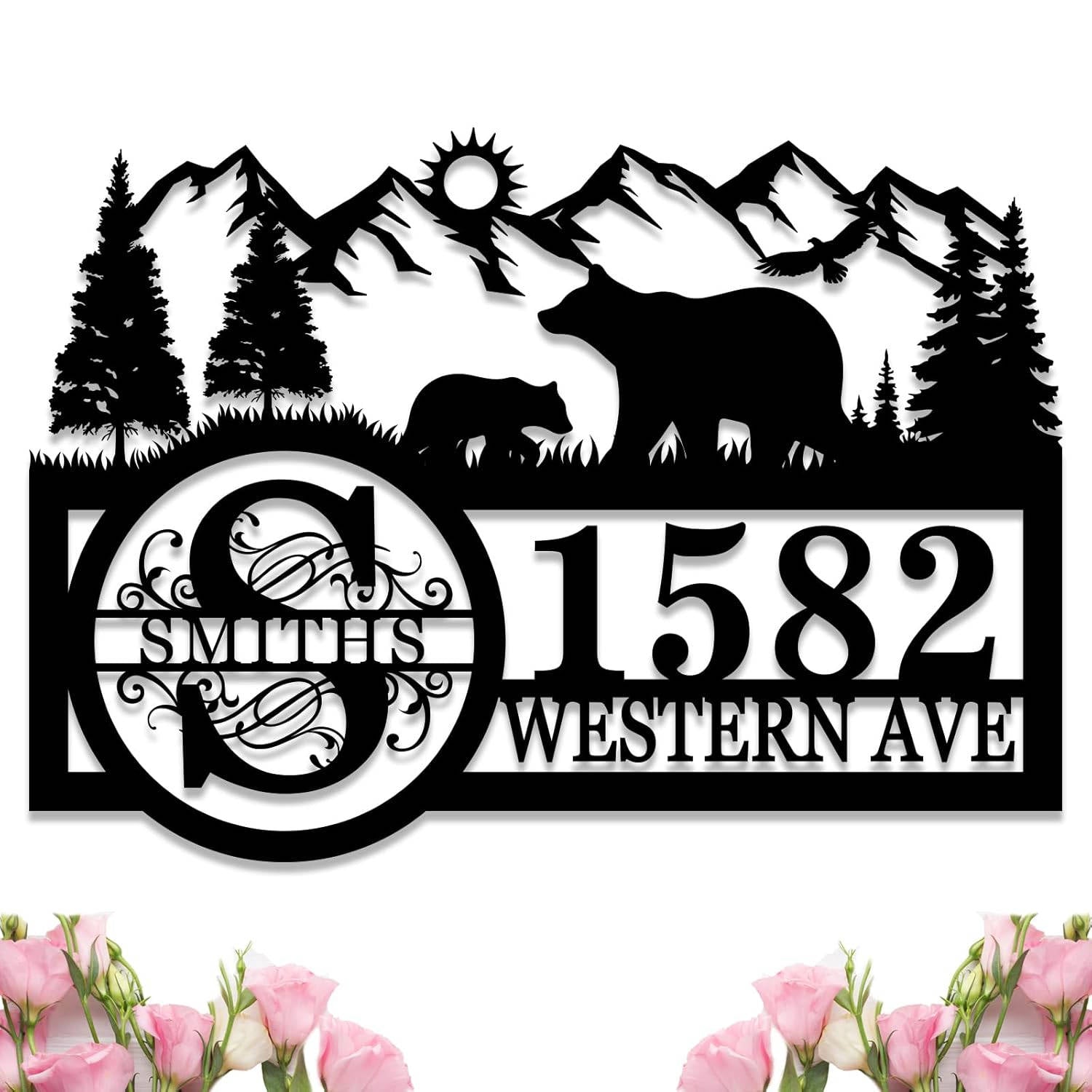 Custom metal bear address sign with mountain and forest design, personalized with family name and house number Main image
