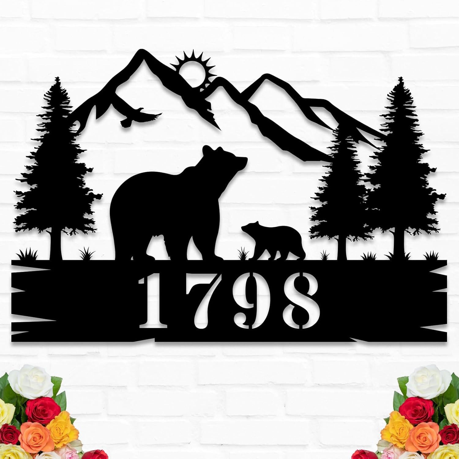Custom bear address sign with mountain, eagle, and trees design, personalized house numbers, laser cut from steel with powder coat finish, rustic outdoor wall décor Main image