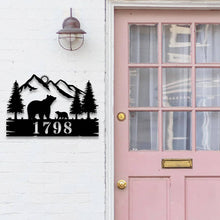 Custom bear address sign with mountain, eagle, and trees design, personalized house numbers, laser cut from steel with powder coat finish, rustic outdoor wall décor
