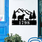 Custom bear address sign with mountain, eagle, and trees design, personalized house numbers, laser cut from steel with powder coat finish, rustic outdoor wall décor