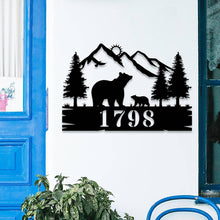 Custom bear address sign with mountain, eagle, and trees design, personalized house numbers, laser cut from steel with powder coat finish, rustic outdoor wall décor