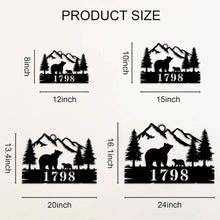 Custom bear address sign with mountain, eagle, and trees design, personalized house numbers, laser cut from steel with powder coat finish, rustic outdoor wall décor