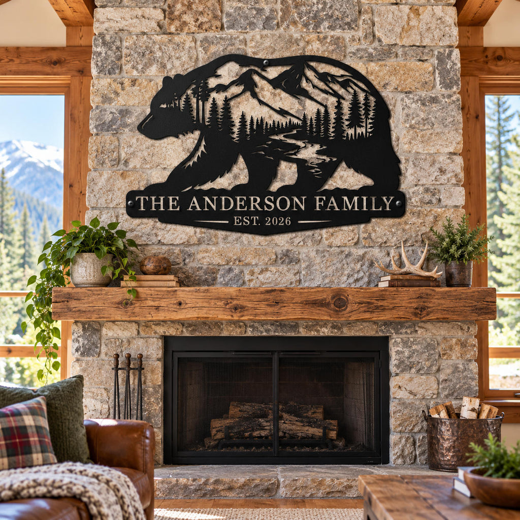 Custom bear family metal wall art featuring mountains and pine trees displayed above a rustic stone fireplace.