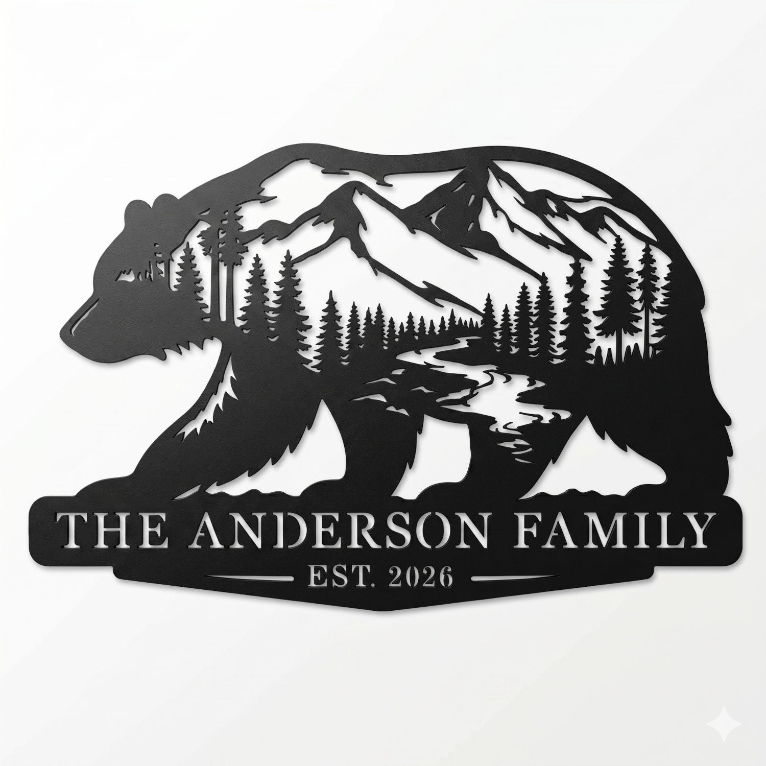 Custom bear silhouette metal sign with mountains, trees, river, personalized family name, and established year. Main image