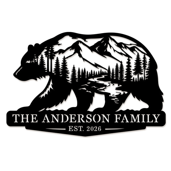 Custom bear mountain metal sign with personalized family name and year, wildlife silhouette steel wall decor for cabin or ranch