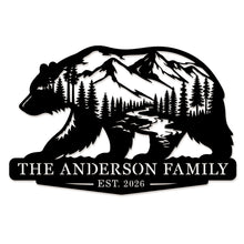 Custom bear mountain metal sign with personalized family name and year, wildlife silhouette steel wall decor for cabin or ranch