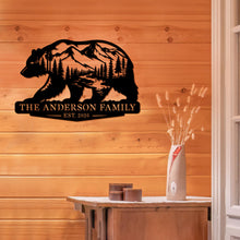Custom bear mountain metal sign with personalized family name and year, wildlife silhouette steel wall decor for cabin or ranch