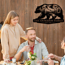 Custom bear mountain metal sign with personalized family name and year, wildlife silhouette steel wall decor for cabin or ranch