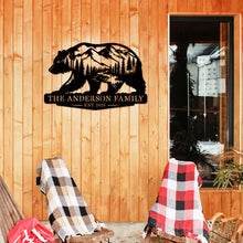 Custom bear mountain metal sign with personalized family name and year, wildlife silhouette steel wall decor for cabin or ranch