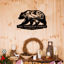 Custom bear mountain metal sign with personalized family name and year, wildlife silhouette steel wall decor for cabin or ranch