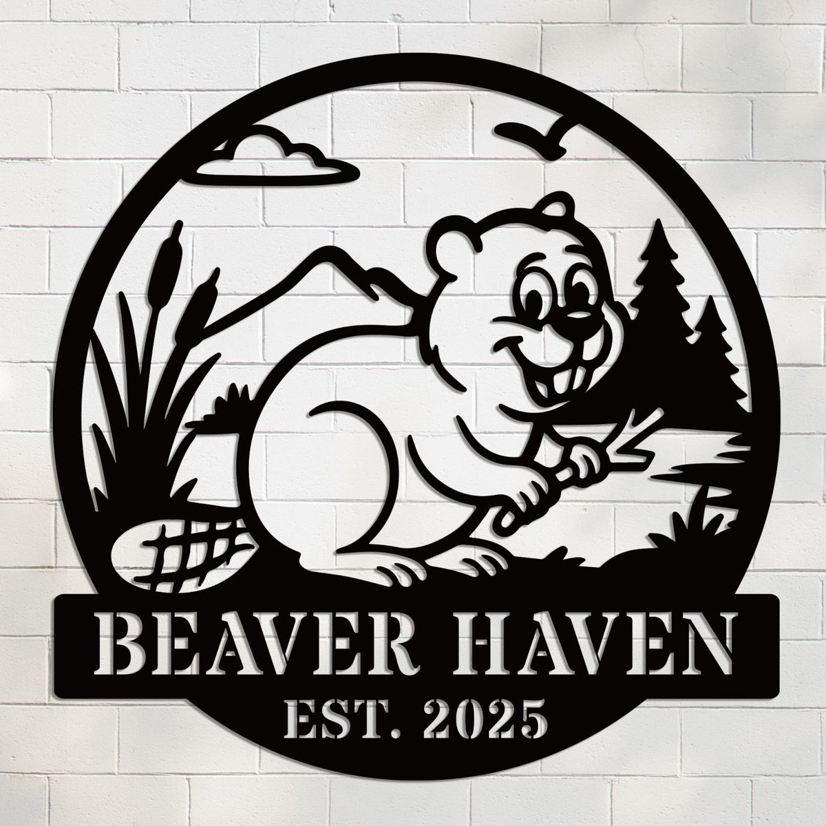Custom beaver metal sign with personalized text, rustic wildlife design, laser-cut steel wall art, powder coated finish, cabin and home décor. Main image