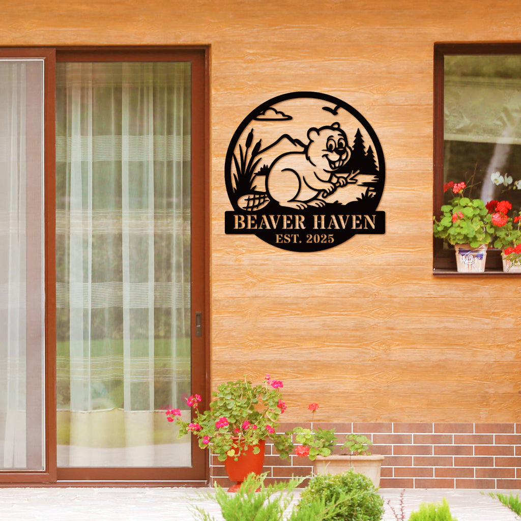 Custom beaver metal sign with personalized text, rustic wildlife design, laser-cut steel wall art, powder coated finish, cabin and home décor.