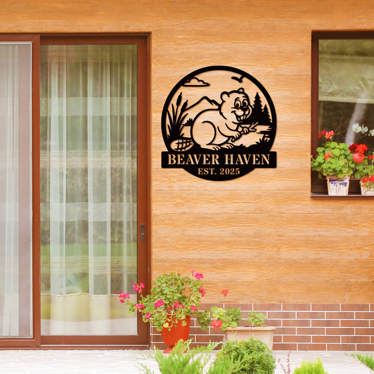 Custom beaver metal sign with personalized text, rustic wildlife design, laser-cut steel wall art, powder coated finish, cabin and home décor.