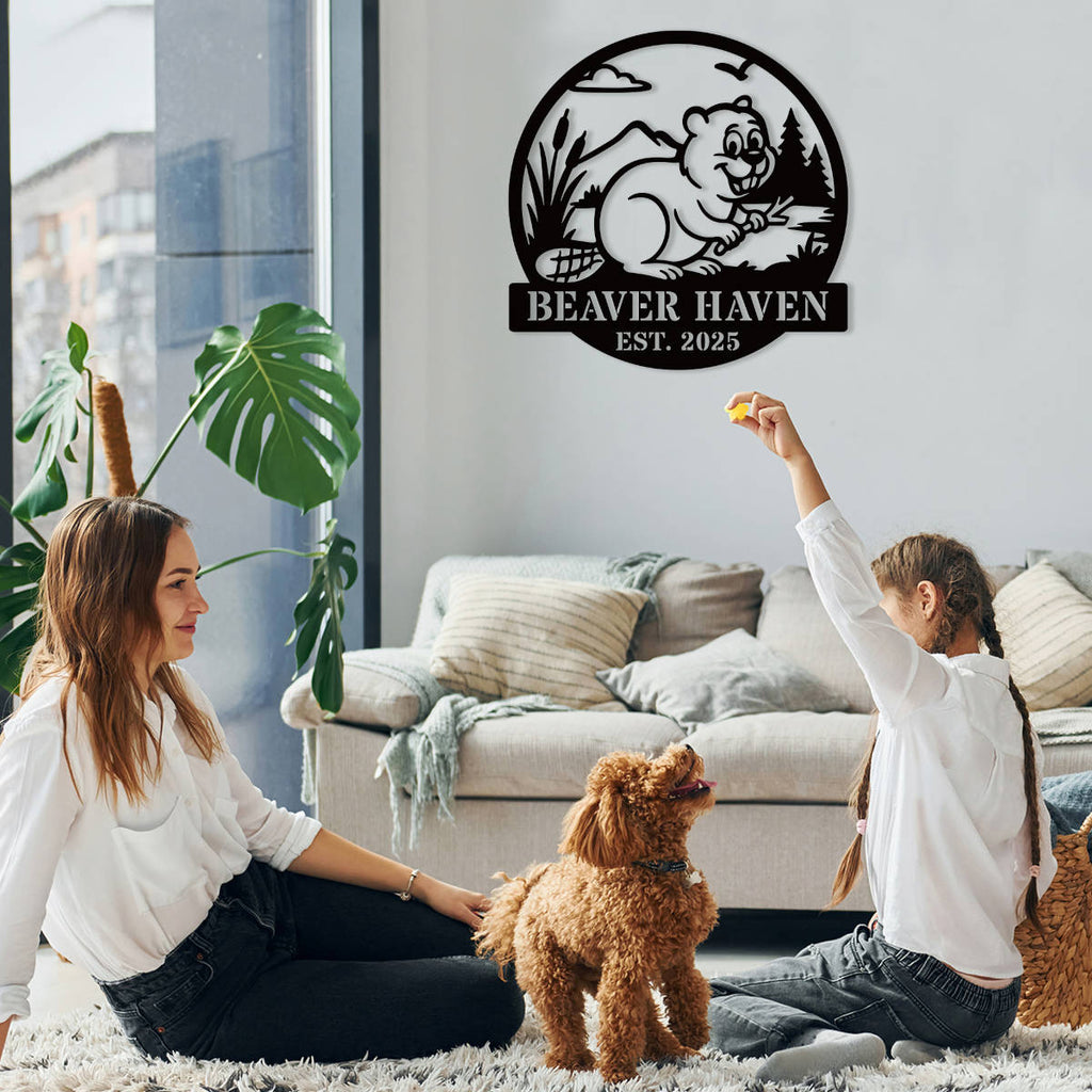 Custom beaver metal sign with personalized text, rustic wildlife design, laser-cut steel wall art, powder coated finish, cabin and home décor.