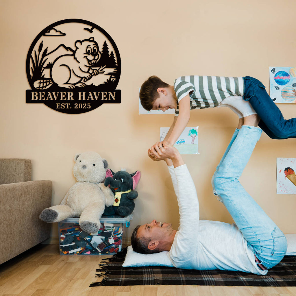 Custom beaver metal sign with personalized text, rustic wildlife design, laser-cut steel wall art, powder coated finish, cabin and home décor.