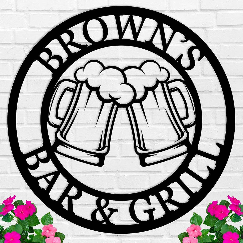 Custom metal bar sign with clinking beer mugs design, personalized steel wall décor for home bar, patio, grill, or man cave, laser cut and powder-coated finish.